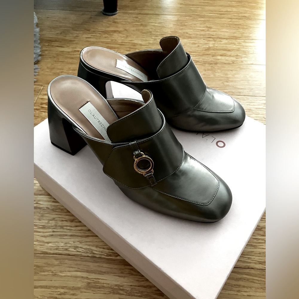 L’Autre gunmetal high heel leather mules with vamp strap